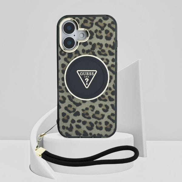 Etui Guess HC IML Leopard Triangle Cord  Strap do iPhone 16 MagSafe brązowy