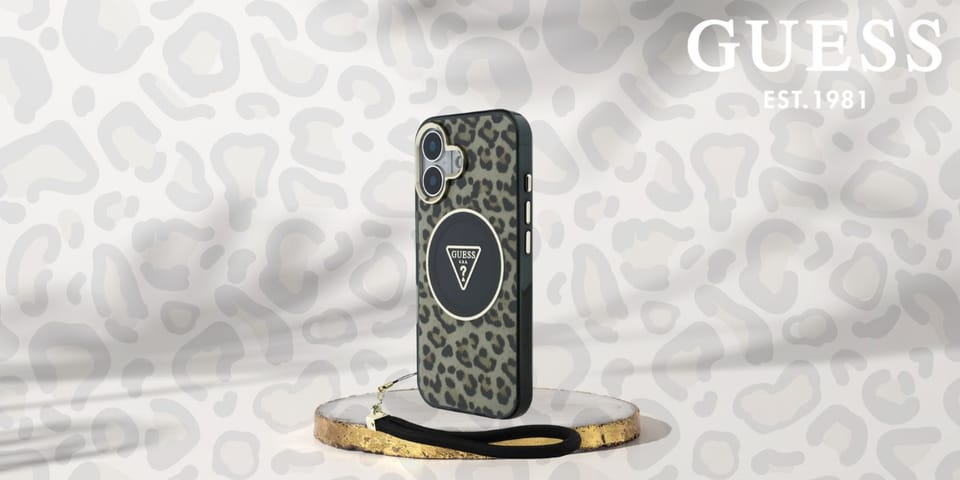 Etui Guess HC IML Leopard Triangle Cord  Strap do iPhone 16 MagSafe brązowy