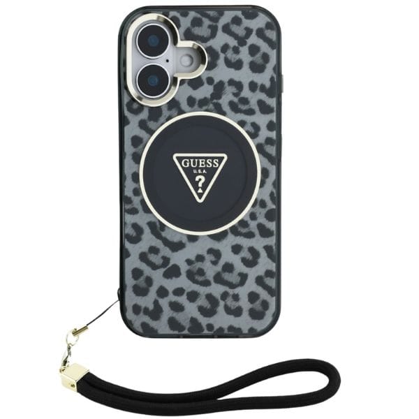 Etui Guess HC IML Leopard Triangle Cord  Strap do iPhone 16 MagSafe czarny