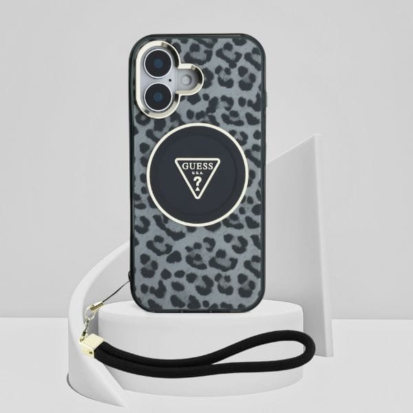 Etui Guess HC IML Leopard Triangle Cord  Strap do iPhone 16 MagSafe czarny