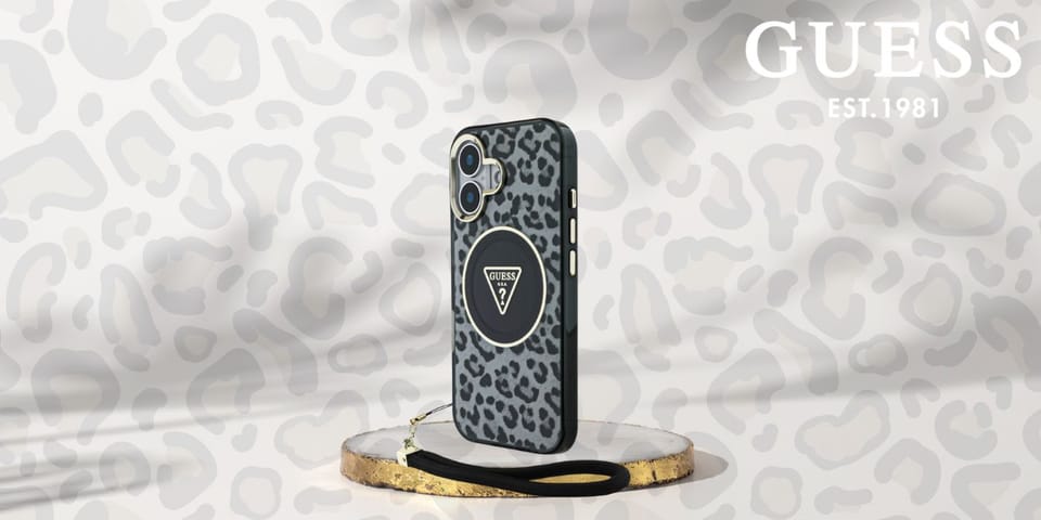 Etui Guess HC IML Leopard Triangle Cord  Strap do iPhone 16 MagSafe czarny
