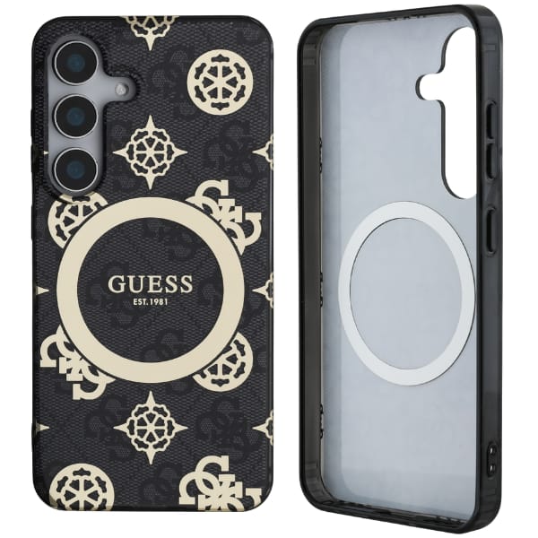 Etui Guess 4G Background Gold Electroplated Peony Pattern MagSafe do Samsung Galaxy S25 czarny