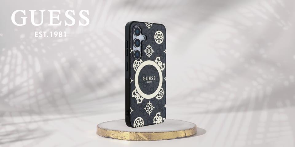 Etui Guess 4G Background Gold Electroplated Peony Pattern MagSafe do Samsung Galaxy S25 czarny