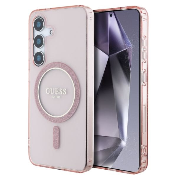 Etui Guess Glitter Circle Classic Logo   MagSafe do Samsung Galaxy S25 różowy