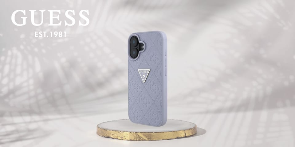 Etui Guess Hot Stamp 4G Pattern Triangle Metal Logo do iPhone 16 fioletowy