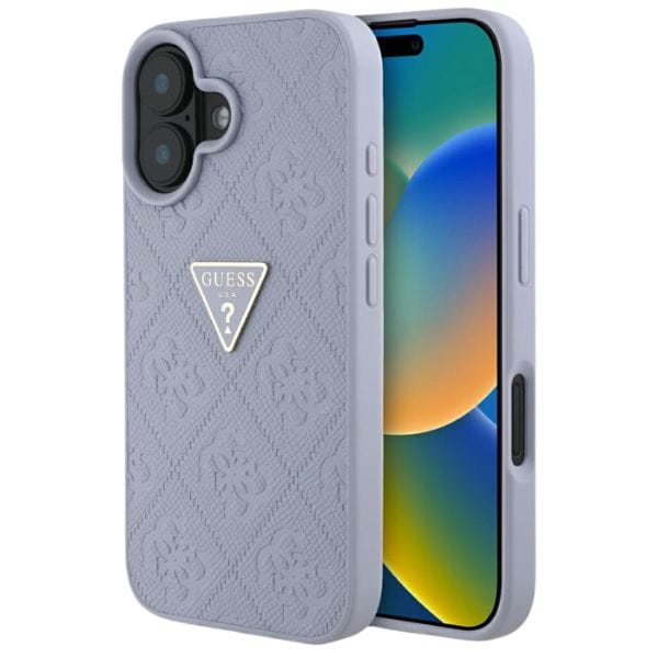 Etui Guess Hot Stamp 4G Pattern Triangle Metal Logo do iPhone 16 fioletowy