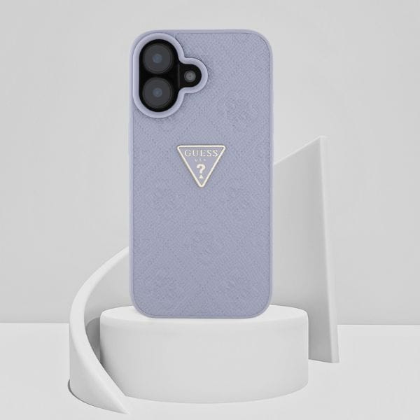 Etui Guess Hot Stamp 4G Pattern Triangle Metal Logo do iPhone 16 fioletowy