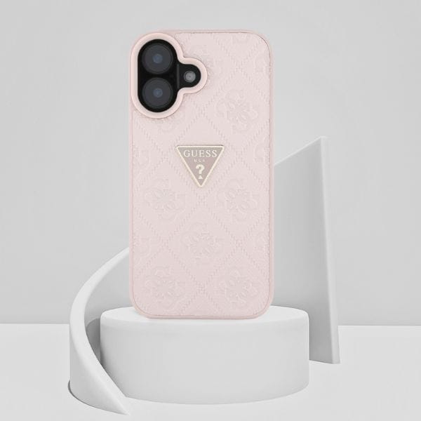 Etui Guess Hot Stamp 4G Pattern Triangle Metal Logo do iPhone 16 różowy