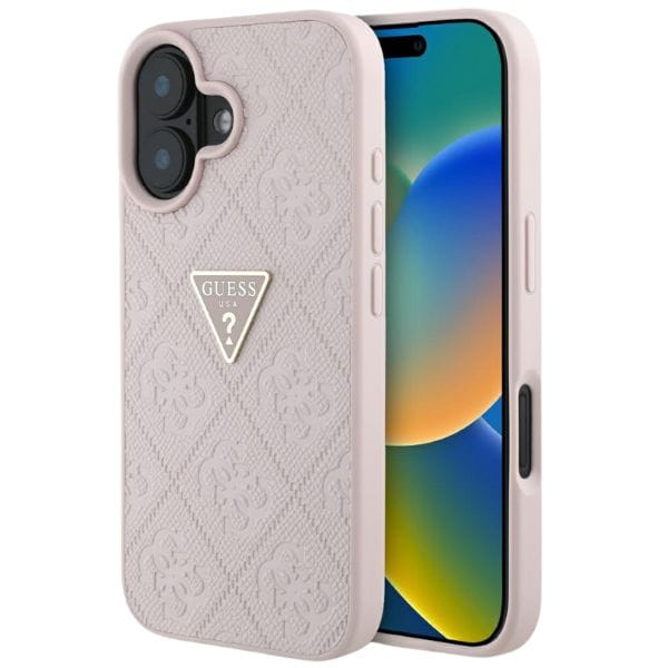 Etui Guess Hot Stamp 4G Pattern Triangle Metal Logo do iPhone 16 różowy
