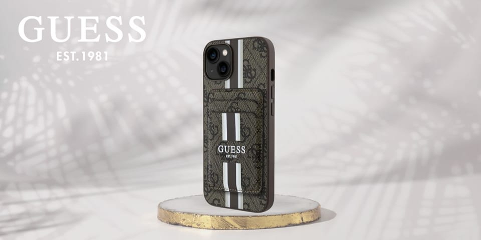 Etui Guess 4G Stripes z portfelem        Magsafe do iPhone 15 brązowy