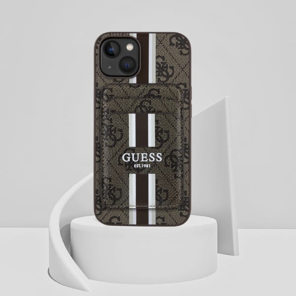 Etui Guess 4G Stripes z portfelem        Magsafe do iPhone 15 brązowy