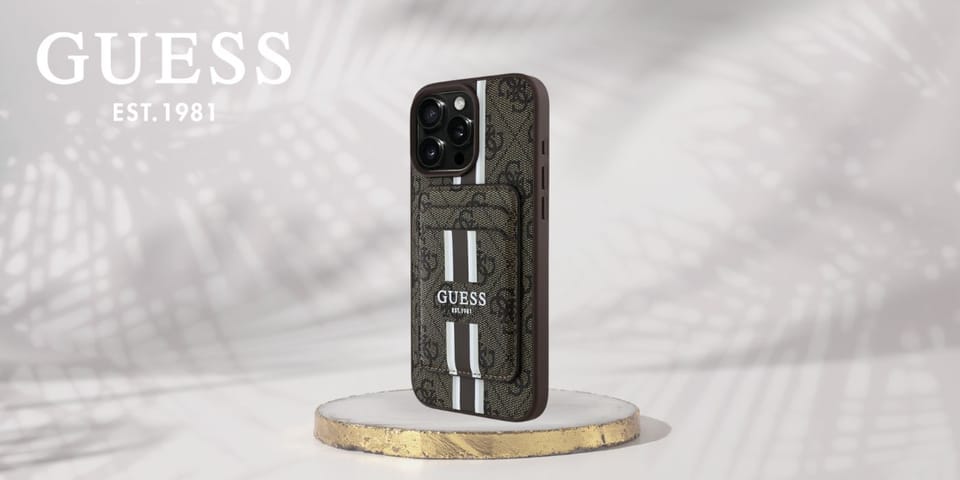 Etui Guess 4G Stripes z portfelem        Magsafe do iPhone 16 Pro Max brązowy