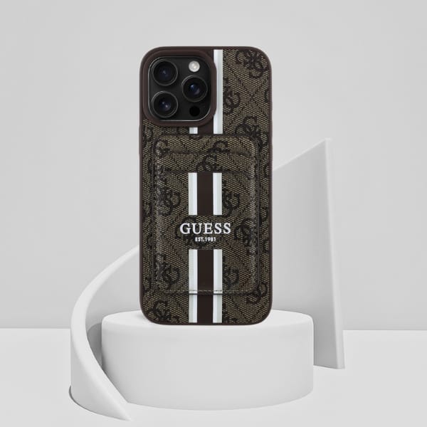 Etui Guess 4G Stripes z portfelem        Magsafe do iPhone 16 Pro Max brązowy