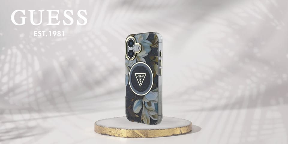 Etui Guess Glitter Flowers Triangle      Buttons MagSafe do iPhone 16 czarny