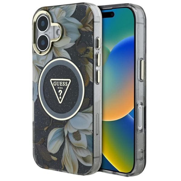 Etui Guess Glitter Flowers Triangle      Buttons MagSafe do iPhone 16 czarny