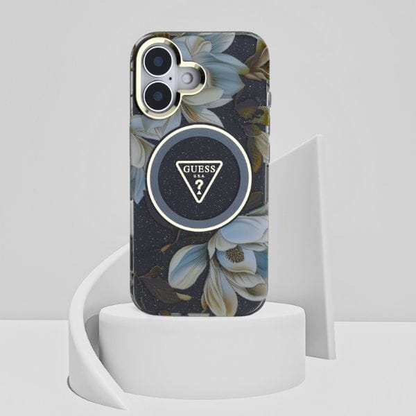 Etui Guess Glitter Flowers Triangle      Buttons MagSafe do iPhone 16 czarny