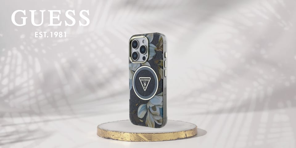 Etui Guess Glitter Flowers Triangle      Buttons MagSafe do iPhone 16 Pro czarny