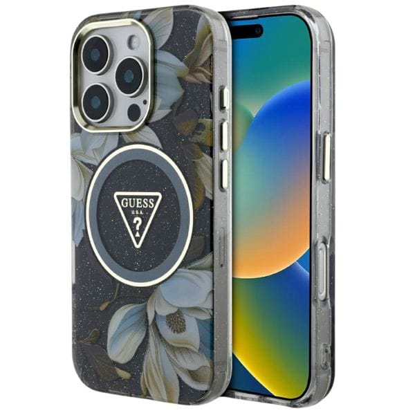 Etui Guess Glitter Flowers Triangle      Buttons MagSafe do iPhone 16 Pro czarny