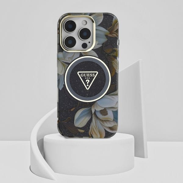 Etui Guess Glitter Flowers Triangle      Buttons MagSafe do iPhone 16 Pro czarny