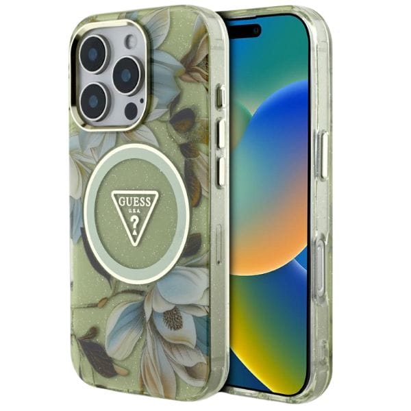 Etui Guess Glitter Flowers Triangle      Buttons MagSafe do iPhone 16 Pro zielony