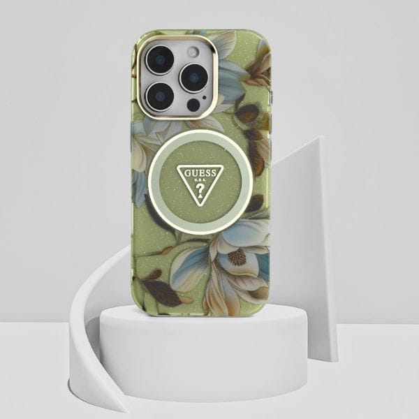 Etui Guess Glitter Flowers Triangle      Buttons MagSafe do iPhone 16 Pro zielony