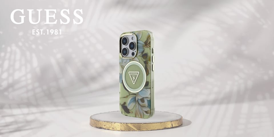 Etui Guess Glitter Flowers Triangle      Buttons MagSafe do iPhone 16 Pro zielony