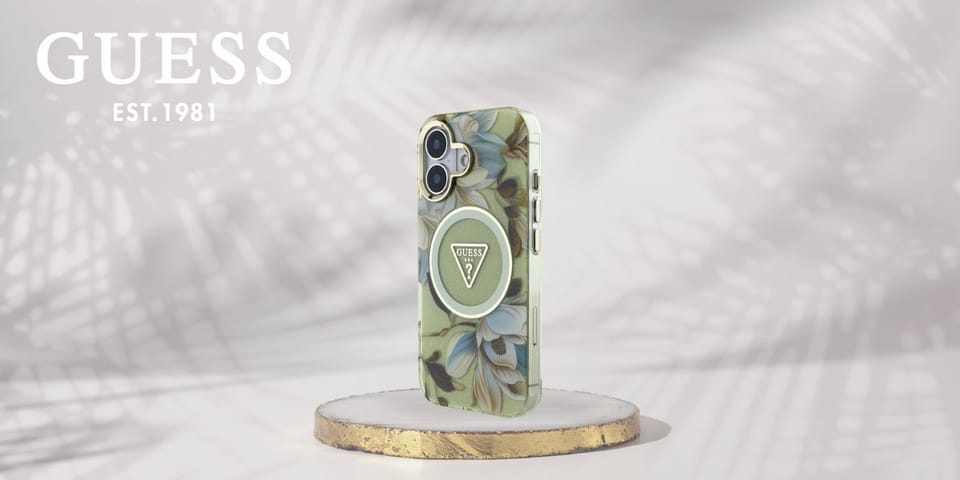 Etui Guess Glitter Flowers Triangle      Buttons MagSafe do iPhone 16 zielony