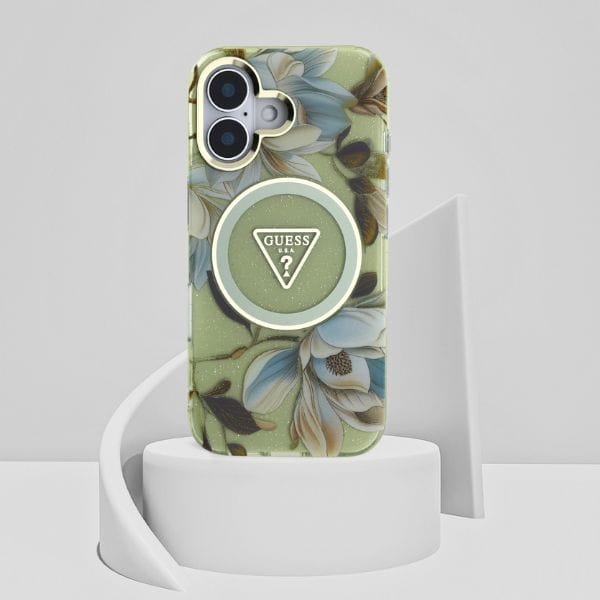 Etui Guess Glitter Flowers Triangle      Buttons MagSafe do iPhone 16 zielony