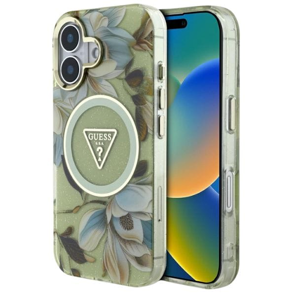 Etui Guess Glitter Flowers Triangle      Buttons MagSafe do iPhone 16 zielony
