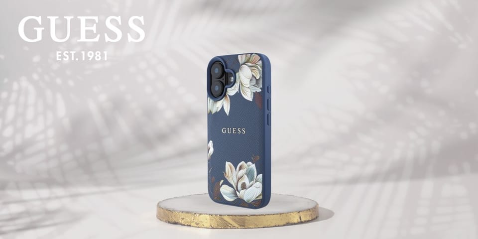 Etui Guess Grained Printed Flower        Pattern MagSafe do iPhone 16 niebieski