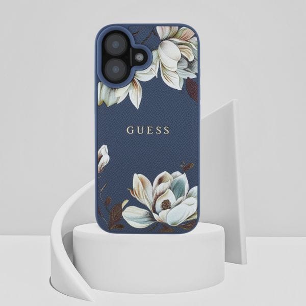 Etui Guess Grained Printed Flower        Pattern MagSafe do iPhone 16 niebieski