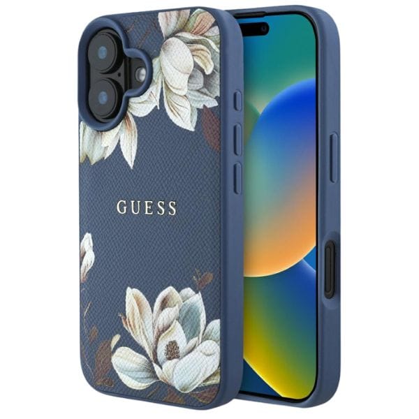 Etui Guess Grained Printed Flower        Pattern MagSafe do iPhone 16 niebieski