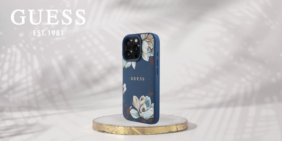 Etui Guess Grained Printed Flower        Pattern MagSafe do iPhone 16 Pro Max niebieski