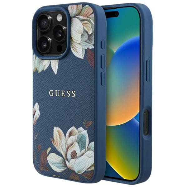Etui Guess Grained Printed Flower        Pattern MagSafe do iPhone 16 Pro Max niebieski