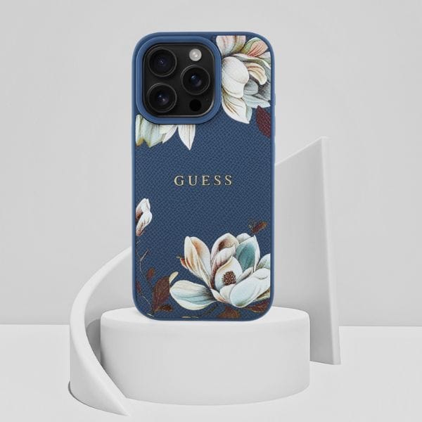 Etui Guess Grained Printed Flower        Pattern MagSafe do iPhone 16 Pro Max niebieski
