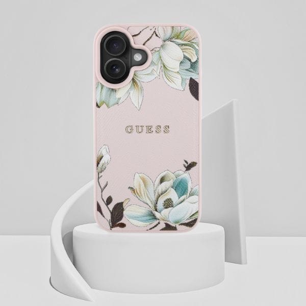 Etui Guess Grained Printed Flower        Pattern MagSafe do iPhone 16 różowy