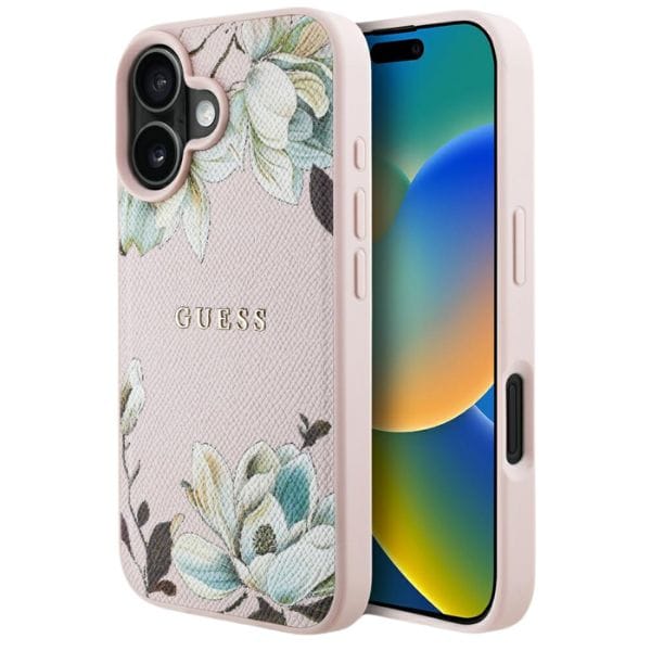 Etui Guess Grained Printed Flower        Pattern MagSafe do iPhone 16 różowy