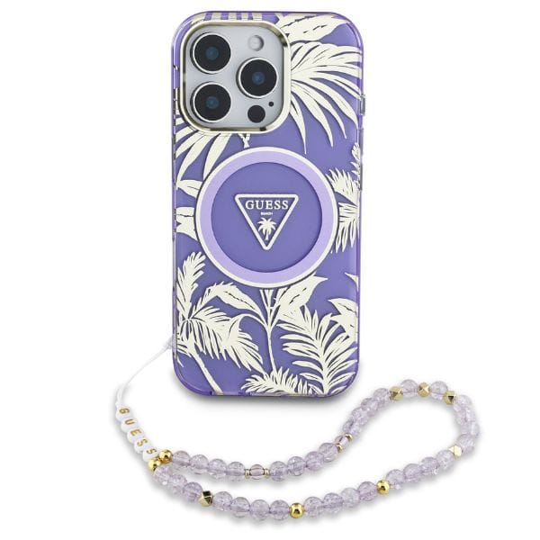 Etui Guess Palm Trees Triangle Pearl     Strap MagSafe do iPhone 16 Pro Max fioletowy