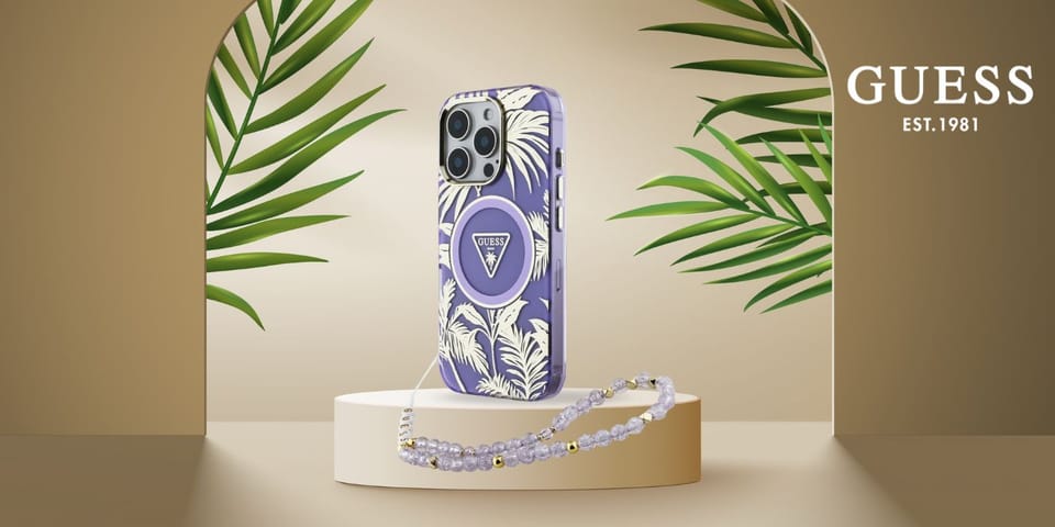 Etui Guess Palm Trees Triangle Pearl     Strap MagSafe do iPhone 16 Pro Max fioletowy