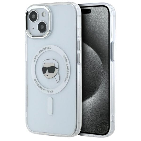 Etui Karl Lagerfeld IML Metal Karl Head  MagSafe do iPhone 15 Plus biały