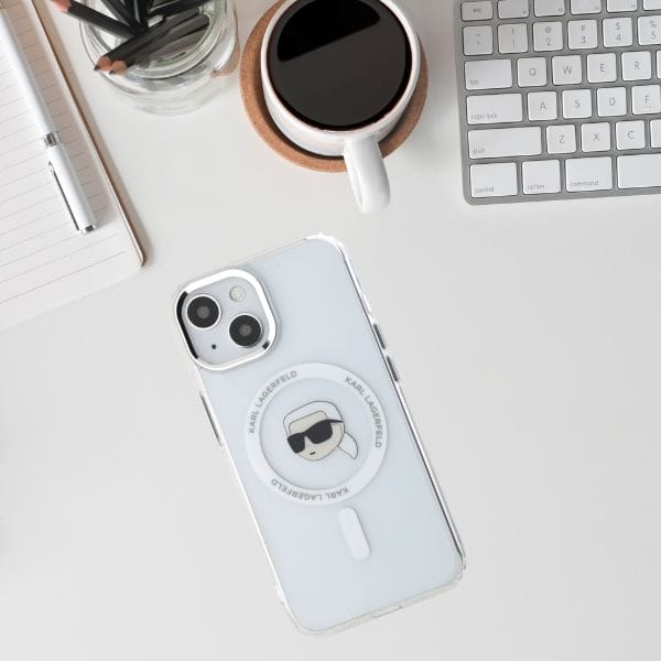Etui Karl Lagerfeld IML Metal Karl Head  MagSafe do iPhone 15 Plus biały