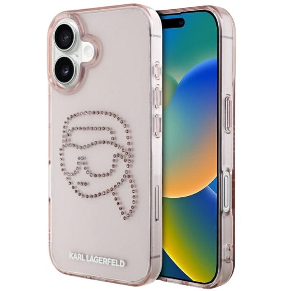 Etui Karl Lagerfeld IML Rhinestones Karl Head do iPhone 16 różowy
