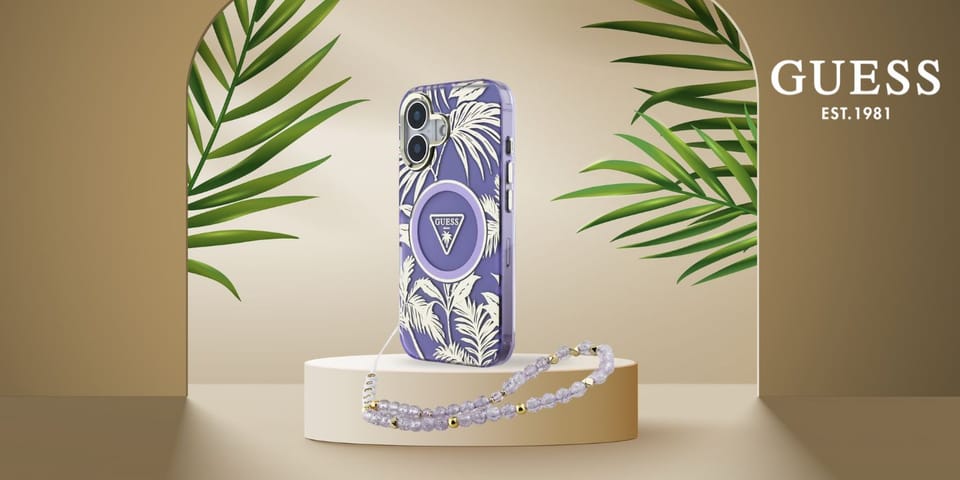 Etui Guess Palm Trees Triangle Pearl     Strap MagSafe do iPhone 16 fioletowy
