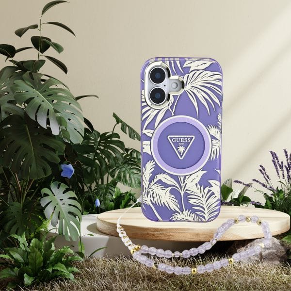 Etui Guess Palm Trees Triangle Pearl     Strap MagSafe do iPhone 16 fioletowy