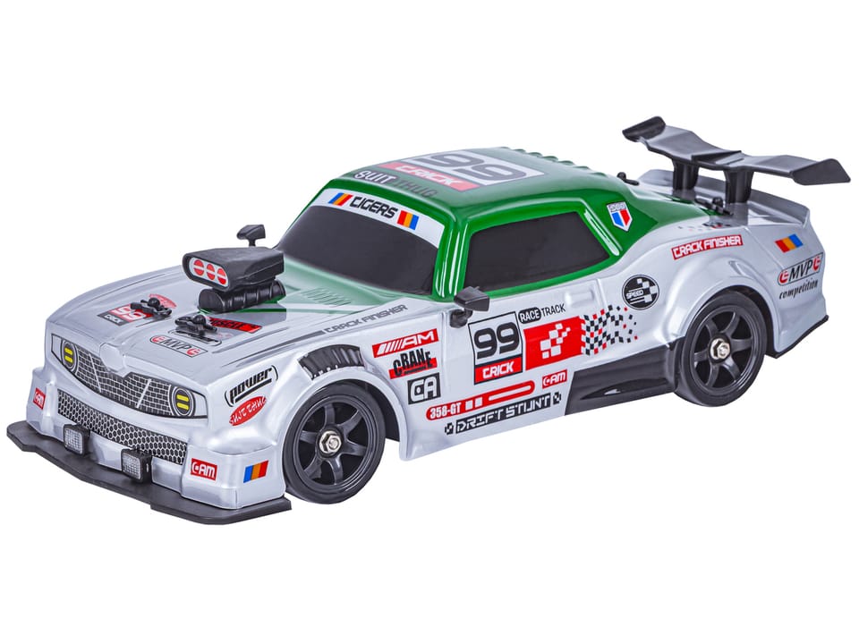 DUŻY Samochód Do Driftu Auto RC Drift 1:16 2,4 GHz PARA DYM Srebrny Dodge 4WD LED