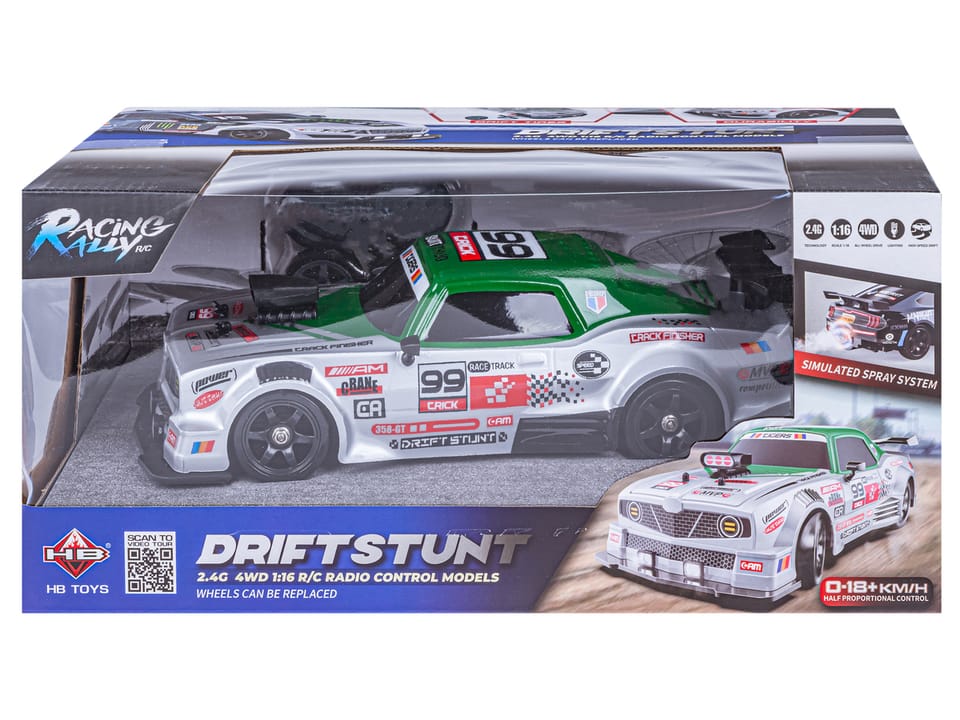 DUŻY Samochód Do Driftu Auto RC Drift 1:16 2,4 GHz PARA DYM Srebrny Dodge 4WD LED