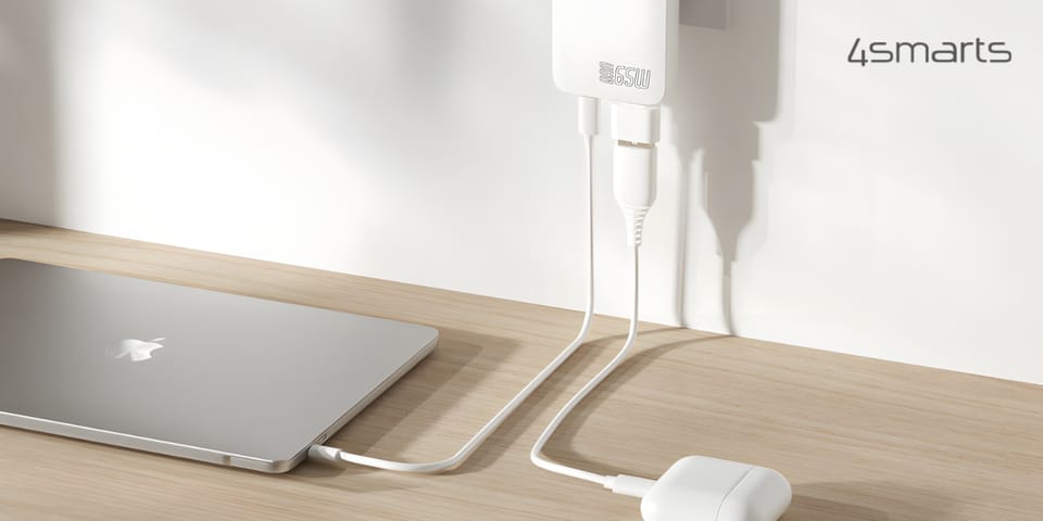 Ładowarka sieciowa 4smarts FlatPlug Slim Dual 65W GaN 2xUSB-C biały