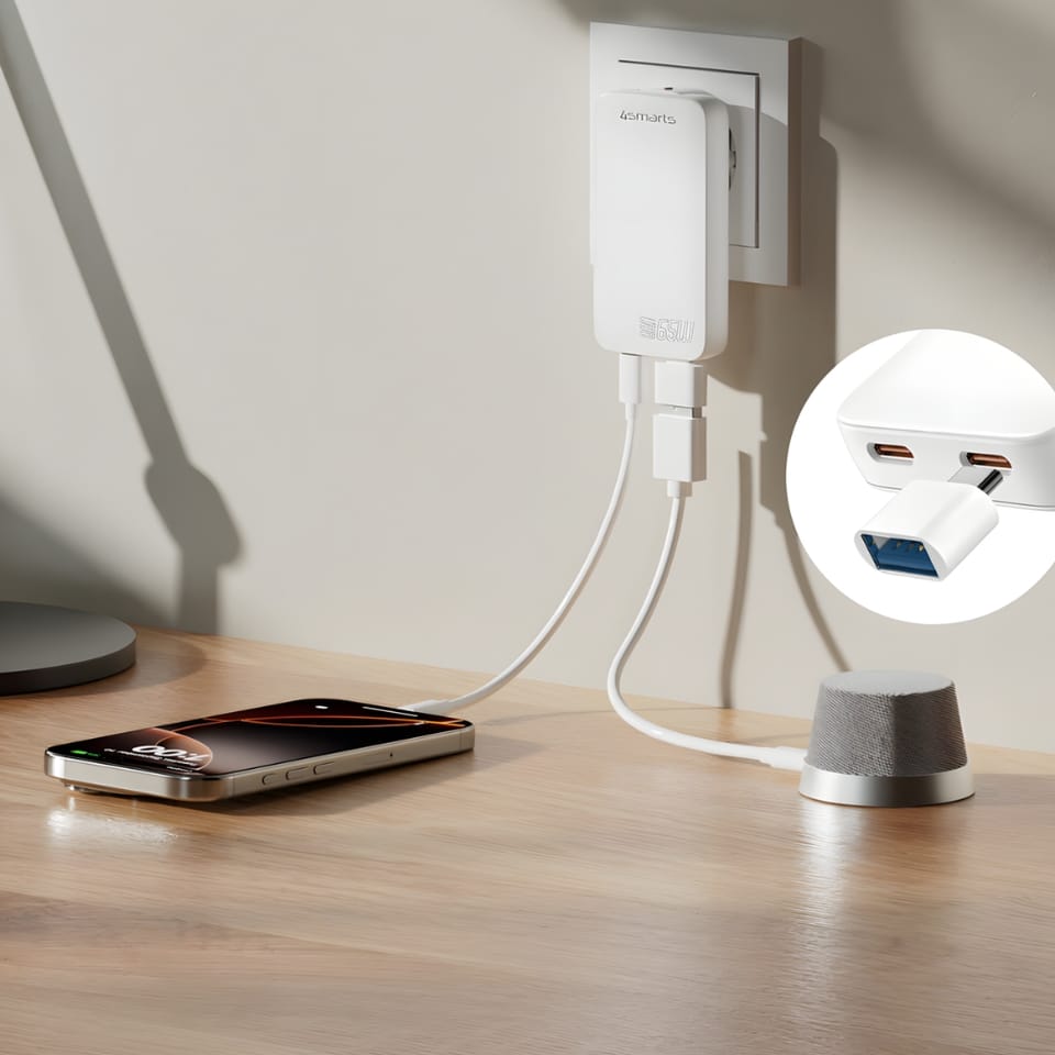Ładowarka sieciowa 4smarts FlatPlug Slim Dual 65W GaN 2xUSB-C biały