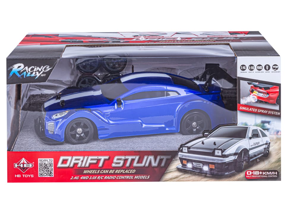 DUŻY Samochód Do Driftu Auto RC Drift 1:16 2,4 GHz PARA DYM 4WD Niebieski Nissan GTR LED