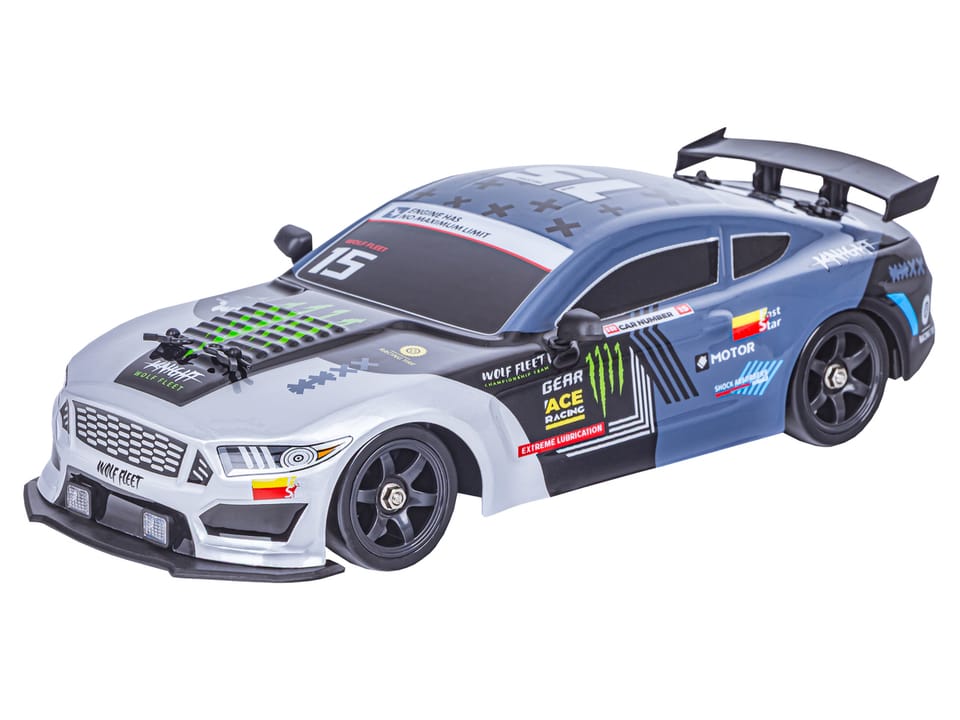 DUŻY Samochód Do Driftu Auto RC Drift 1:16 2,4 GHz PARA DYM Grafitowy Mustang 4WD LED